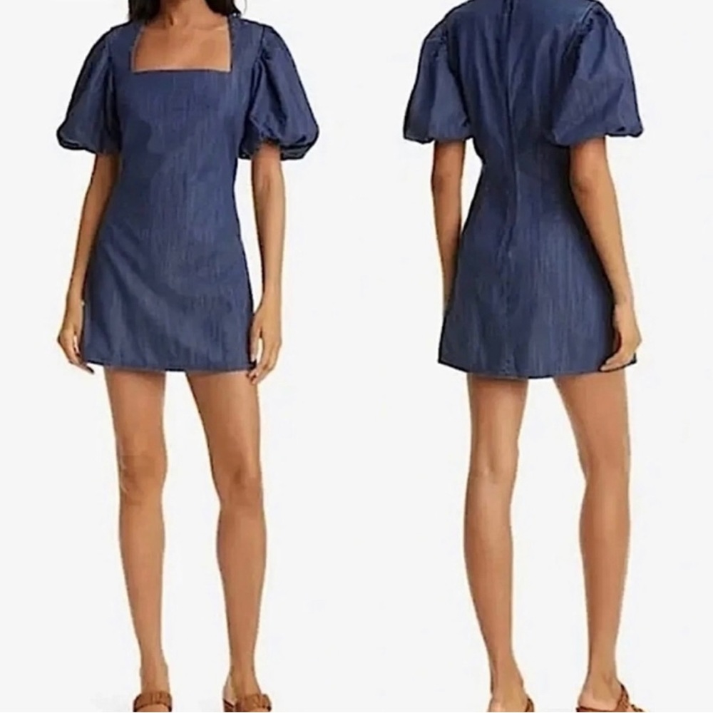 Frame Nina Puff Sleeve Denim Mini Dress Gotham